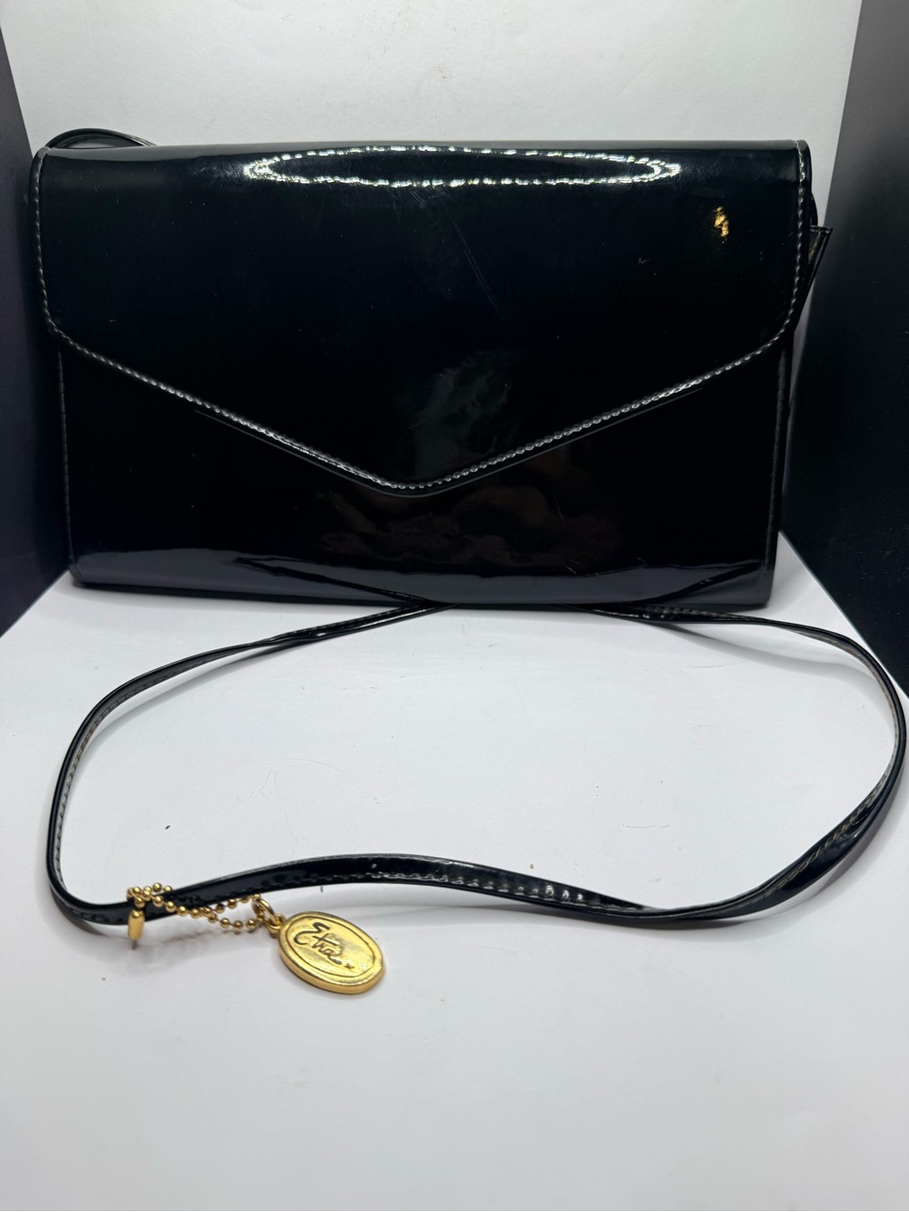 Vintage Black Patent Crossbody Bag with Gold Tag